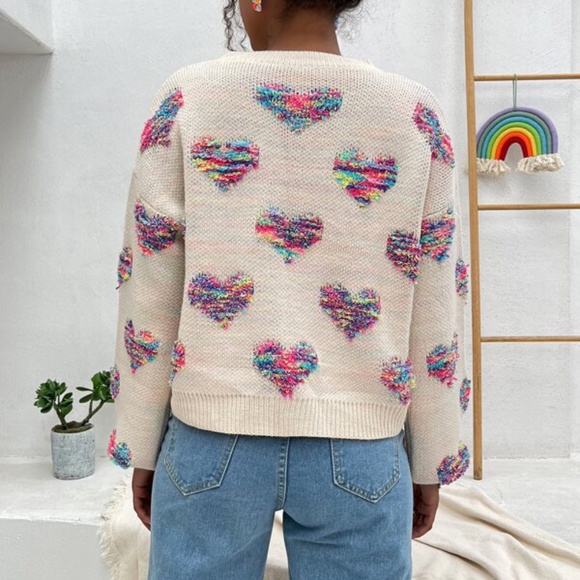 06 Cream Hearts Print Oversized Knit Sweater Top - Picture 6 of 7